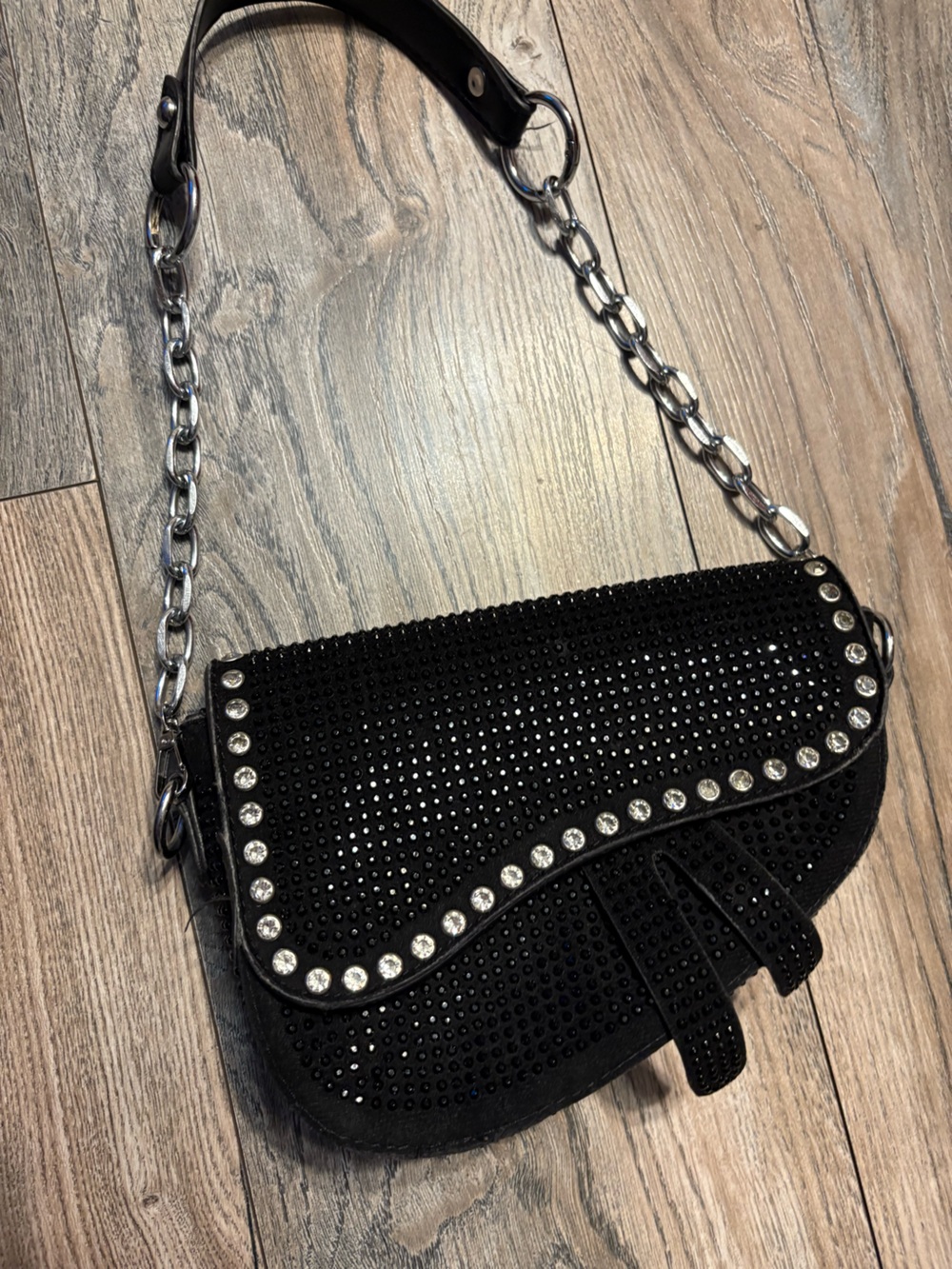 Black Rhinestone Saddle Crossbody Bag